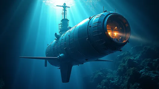 Prompt: Trieste deep-diving research bathyscaphe, (imposing vessel), vintage design, influential Swiss-Italian engineering, reaching Challenger Deep, Mariana Trench, (historic milestone), cool deep blue tones, light filtering through water, serene yet profound ambiance, underwater landscape rich with marine life, 4K ultra-detailed underwater scene, capturing the moment of oceanic exploration.