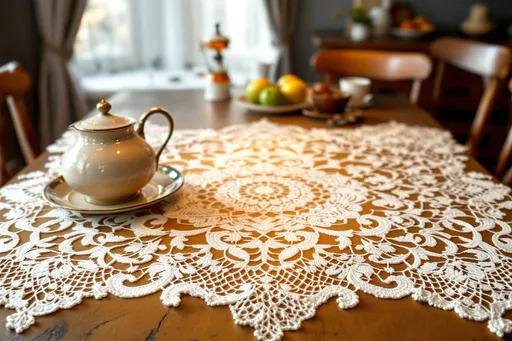 Prompt: elegant tablecloth made of fine white lace, intricate Irish crochet patterns, warm color scheme, inviting ambiance, aesthetically pleasing design, perfect for dining settings, eye-catching detail, cozy atmosphere, enhanced texture, soft lighting, high quality, professional advertising style, perfect for showcasing home decor elegance, inviting hospitality feel.