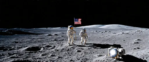 Prompt: Apollo 11 landing on the moon, (historic moment), lunar surface, desolate landscape with craters, earth shining in the dark sky, astronauts planting the American flag, (high detail), (dramatic shadows), vibrant contrast of moon gray against the deep blackness of space, (ultra-detailed), captures the exhilaration of human achievement, (cinematic atmosphere).