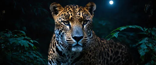 Prompt: (elusive melanistic leopard under the moonlit sky), rosettes shimmering like stars on velvet, breathtaking moment, clear night sky, bright full moon, stars twinkling, midnight blue color tones, ethereal lighting, serene and magical atmosphere, dense jungle background, detailed foliage, high contrast between light and shadow, ultra-detailed, 4K, cinematic masterpiece.