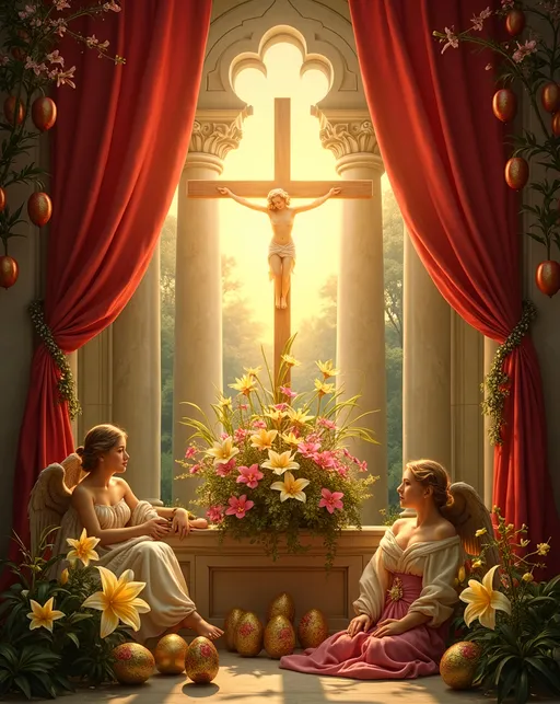 Prompt: A captivating Renaissance-style Easter card featuring rich warm tones of gold, crimson, and amber, illuminated by gentle, divine light that highlights symbolic religious elements of resurrection. Central to the scene is a radiant cross surrounded by blooming lilies and decorated eggs, all set against a lush, idyllic landscape bathed in a soft, golden sunrise. Elegant drapery and classical architecture frame the composition, with cherubic angels and serene saints gazing benevolently, conveying hope and renewal. The scene exudes a sacred, celebratory atmosphere, blending intricate detail and harmonious harmony characteristic of the Renaissance, inviting viewers into a spiritual celebration of new life and resurrection.
