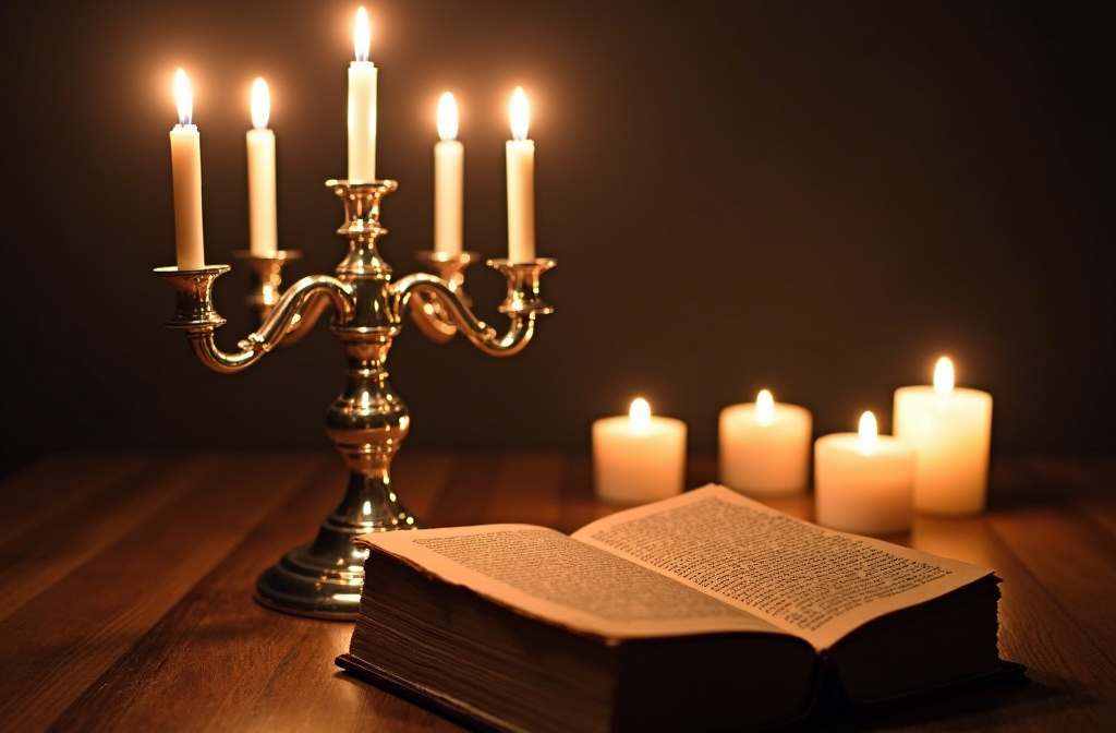 Prompt: Experience the solemn beauty of Yom Kippur 5785. A silver candelabrum gleams, surrounded by flickering candles casting warm, inviting light. A worn, cherished Hebrew prayer book rests nearby. The atmosphere is filled with a sense of reverence and spiritual reflection. May this image serve as a reminder of the importance of atonement, forgiveness, and introspection during this holy day. #YomKippur2024 #YomKippur5785