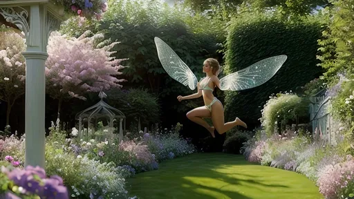 Prompt: (pixie flying above her garden), (magic dust flowing from her wand), her bare body sparkling with magic (gossamer wings extended), ethereal atmosphere, tranquil ambiance, vibrant, lush greenery in the background, colorful flowers blooming, soft sparkle effect in the air, warm, radiant sunlight filtering through, high resolution, ultra-detailed visuals, enchanting magical realism, whimsical charm.