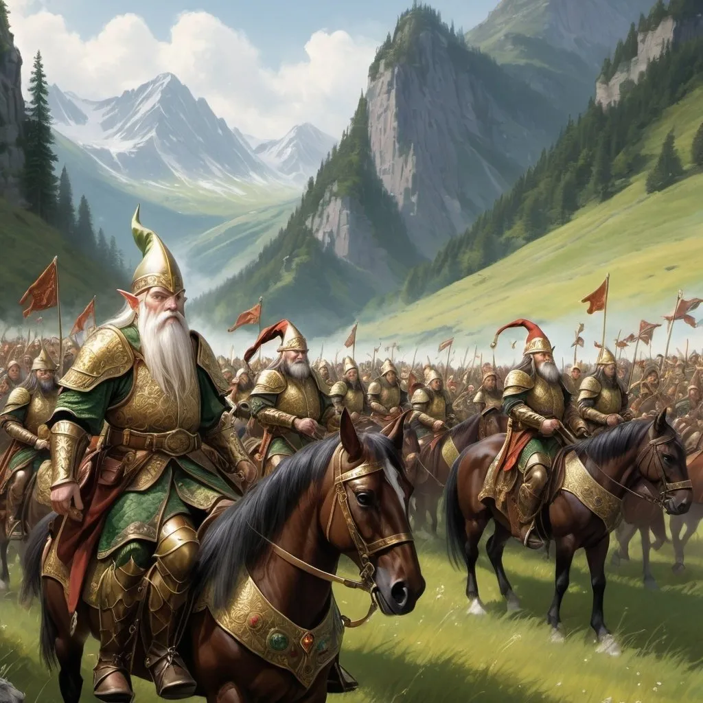 Prompt: Elves with silk robes, gold buckles on the belts of their trousers gathered in a high mountain medow. They are riding fine steeds that have jeweled leather armor protecting their flanks. The rank and file of dwarf infantry are marching past the generals overseeing the parade. 
