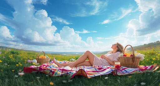 Prompt: A vibrant picnic blanket is spread out on a lush, emerald-green grassy spot, its colorful pattern contrasting beautifully with the surrounding landscape. The warm sunlight filters through fluffy white clouds drifting lazily across a brilliant blue sky, casting gentle shadows on the ground. A couple of sweethearts, entwined with fingers interlaced, recline, their expressions a mix of joy and tranquility as they gaze upward. A soft breeze plays with strands of their hair, and nearby, wildflowers dance in the wind, adding splashes of color to the scene. A picnic basket sits beside them, partially open, revealing fresh fruits and treats. The atmosphere is serene, encapsulating a moment of blissful connection. The art style is photorealistic for romantic effect.