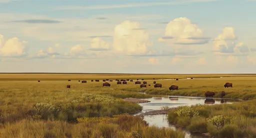 Prompt: Visualize a serene Midwest landscape bathed in a vintage style, featuring a rich warm color palette that evokes nostalgia. Vast grasslands stretch endlessly under a soft, ethereal blue sky dotted with delicate light clouds, casting gentle shadows across the vibrant green grasses. Buffalo herds graze peacefully, their majestic forms silhouetted against the golden sunlight, some meandering towards a shimmering pond. A small stream meanders through the scene, its clear water sparkling as it flows into the pond, where several buffalo pause to drink, their reflections dancing on the surface. The atmosphere is tranquil and timeless, capturing the essence of nature's beauty in late afternoon light. This scene invites viewers to bask in the serenity of a bygone era, reminiscent of a classic painting or vintage photograph.