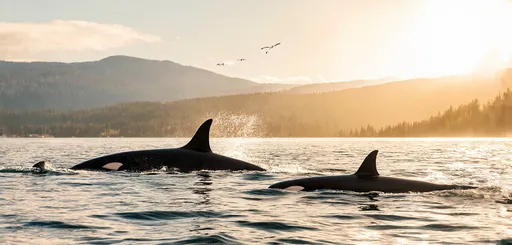 Prompt: Embark on a tranquil British Columbia sea cruise, the sun casting golden hues over the water. Observe majestic orcas and playful humpback whales as they breach the surface, their powerful fins slicing through the waves. Seabirds soar above, while dolphins race alongside the boat, their smiles infectious. A perfect blend of nature's grandeur and peaceful serenity.