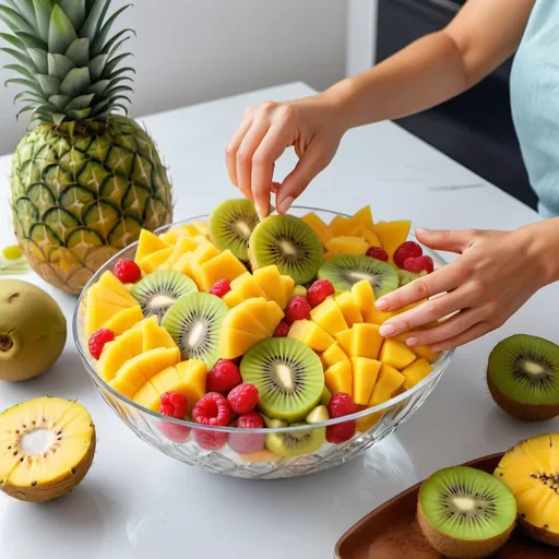 Prompt: Maroi woman preparing a tropical fruit salad. With kiwifruit slices arranged artfully around the bowl. There are kiwifruit, mango, pineapple, and banana slices, in a crystal bowl. 
Photorealistic, bright colors
