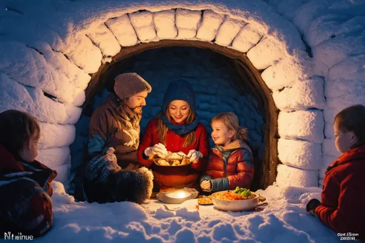 Prompt: Life in an igloo, a woman preparing lunch inside a cozy igloo, her husband and children around her, gentle frosty glow illuminating the walls, serene winter ambiance, snow gently falling outside, high quality, ultra-detailed, family warmth, love and laughter filling the atmosphere. <<THE_MARKER>> Life in an igloo.