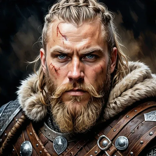 Prompt: Viking leader portrait in oil painting, rugged and weathered appearance, intense and fierce gaze, intricate braided beard, fur-lined cloak, battle-worn armor, majestic and authoritative expression, high-res, ultra-detailed, oil painting, viking mythology, viking warrior, viking fantasy, rugged beauty, atmospheric lighting