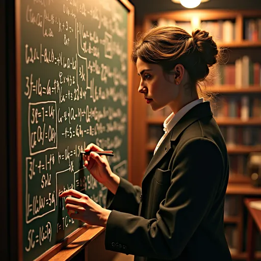 Prompt: (Mileva Marić Einstein), female physicist at chalkboard, demonstrating curvature of spacetime, intellectual and focused expression, academic attire reminiscent of the early 1900s, vast array of chalk equations surrounding her, warm light illuminating the scene, creating a cozy yet serious atmosphere, vintage educational setting, rich, historical ambiance, (ultra-detailed) and (photorealistic) style, capturing the essence of collaboration and knowledge.