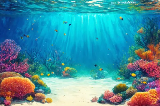 Prompt: Create a vibrant advertisement-style illustration of a breathtaking shallow sea scene in Tahiti. The water gleams with a crystalline blue hue, reflecting the sun's radiant rays filtering through the surface, casting shimmering patterns on the sandy ocean floor. Lush coral formations in shades of pink, orange, and yellow thrive, teeming with a variety of tropical fish—vividly colored clownfish, graceful angelfish, and darting damselfish, all playfully interacting among the corals. Bright, lush green palm fronds frame the scene above the waterline, hinting at the tropical paradise beyond. The whole composition bursts with vibrant colors, a perfect blend of nature's beauty, inviting viewers into this underwater Eden. Emphasize a bold, dynamic style typical of high-energy advertisements to capture the essence of this idyllic seascape.
