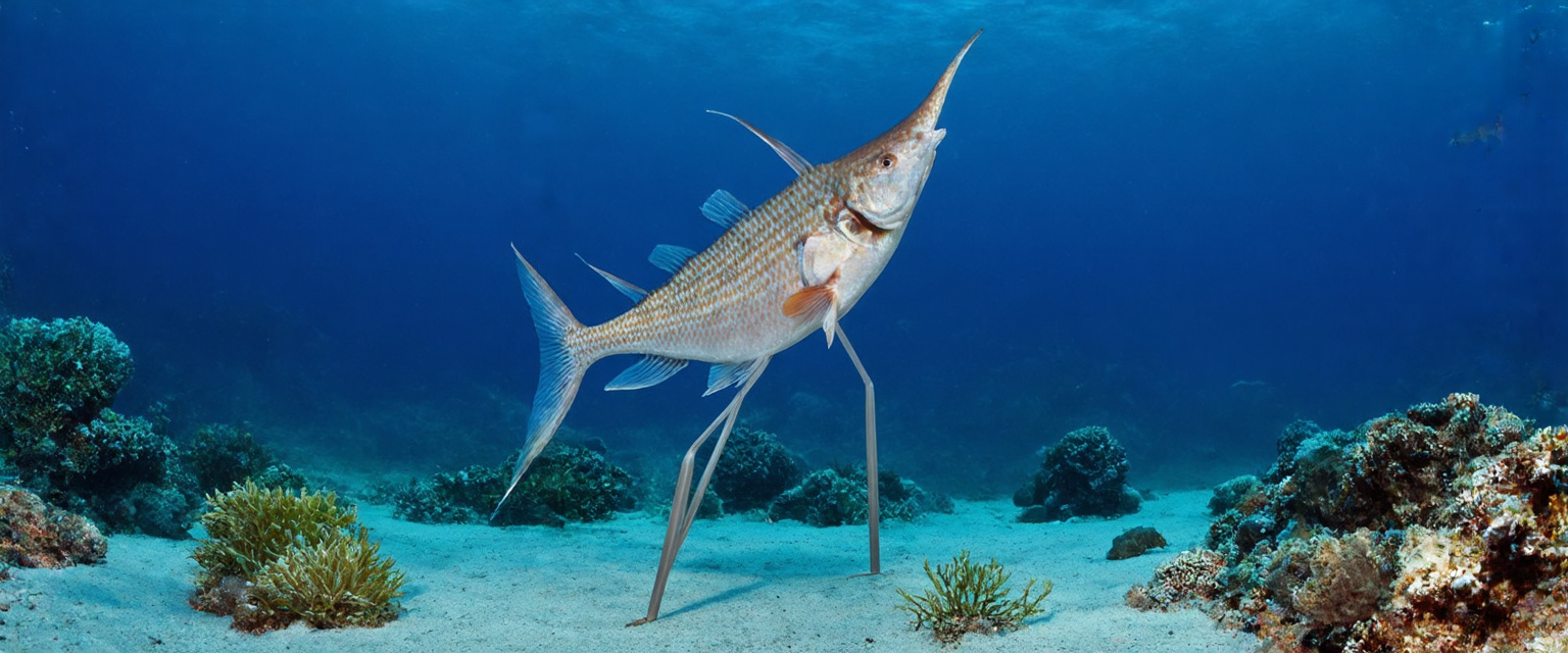 Prompt: The tripod fish is a deep-sea creature that stands on the ocean floor using three long fins, including two pelvic fins beneath its body and its tail fin. It stands about 30-40 cm (12-16 inches) tall in this position.

This allows it to remain still in strong currents and conserve energy while waiting for food. Its pectoral fins, located on the sides of its body, act like arms to catch small prey that drifts by.