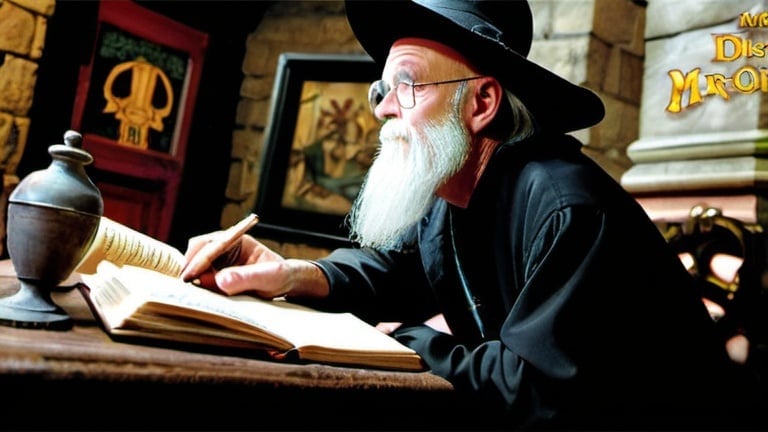 Prompt: Sir Terry Pratchett, meeting with Death on the Discworld city of Ankh Morpork.
“DON'T THINK OF IT AS DYING, said Death. JUST THINK OF IT AS LEAVING EARLY TO AVOID THE RUSH.”