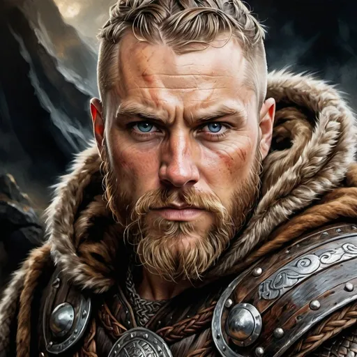 Prompt: Viking leader portrait in oil painting, rugged and weathered appearance, intense and fierce gaze, intricate braided beard, fur-lined cloak, battle-worn armor, majestic and authoritative expression, high-res, ultra-detailed, oil painting, viking mythology, viking warrior, viking fantasy, rugged beauty, atmospheric lighting