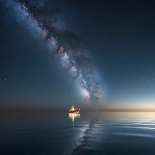 Prompt: Standing on the Fo'c's'le of my ship at midnight on a clear, calm, moonless night. The surface of the sea is smooth as glass. The arch of the Milky Way goes from horizon to horizon. The stars are reflected on the surface of the water. I see stars in every direction I look. It is as if I am in deep space.