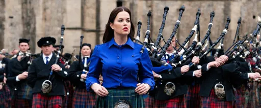 Prompt: A woman in a vibrant blue blouse and matching tartan kilt leads a group of formally dressed bagpipers through the bustling city streets. The kilted musicians, in varied tartans, play their majestic instruments. Their melody echoes off the stone buildings and captivates onlookers. The woman is a picture of concentration as she leads the group. Her lips are pursed in determination, and her eyes are fixed straight ahead. The bagpipers follow her lead, marching in perfect formation, their bagpipes raised high in the air. The sound of the bagpipes fills the air, a haunting melody that evokes images of Scotland and its storied history.