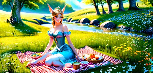 Prompt: (elfen princess), sitting gracefully on a picnic blanket, serene stream flowing lazily beside her, lush green meadow adorned with wildflowers, soft sunlight filtering through trees, (dreamy atmosphere), gentle breeze rustling the grass, charming details of picnic items scattered, 4K, ultra-detailed, vibrant colors, magical and whimsical vibe.