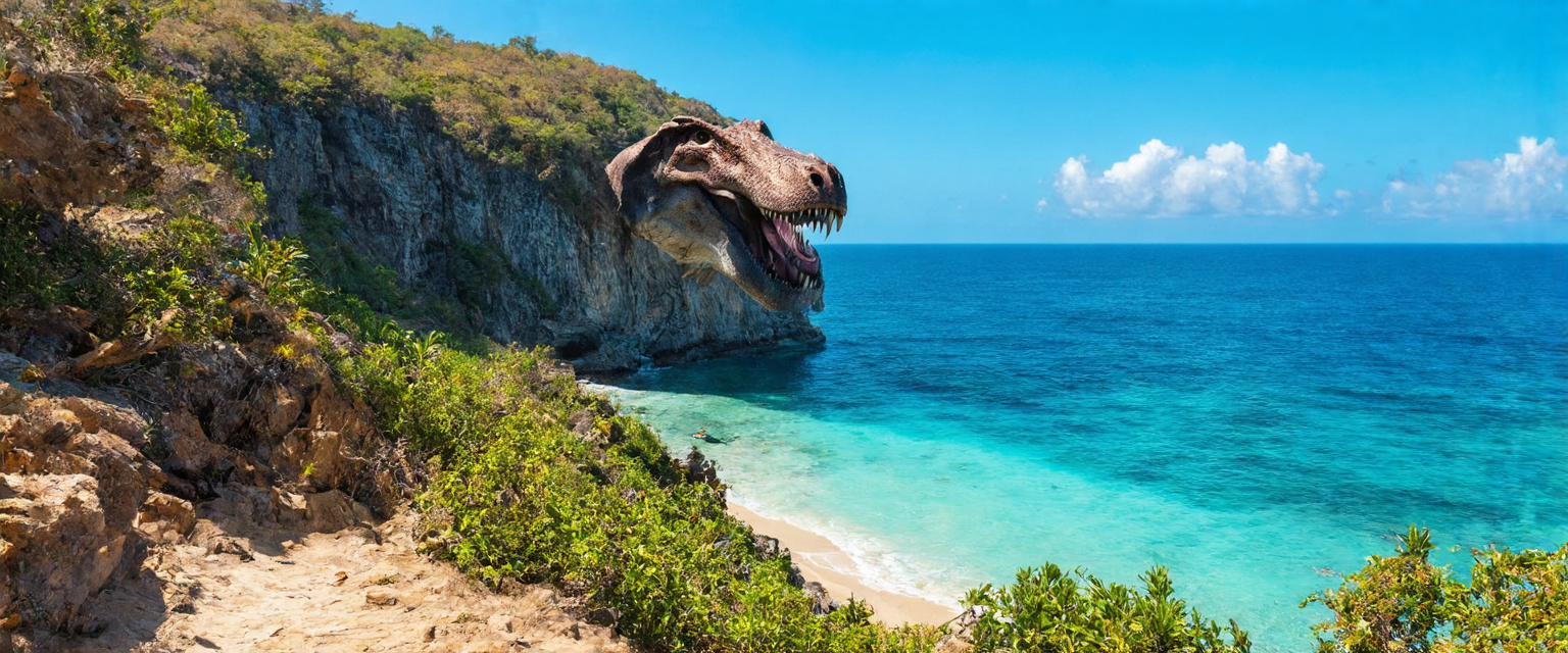 Prompt: Kelingking Beach, Nusa Penida Island, Indonesia 
Kelingking Beach is an impressive landmark on Nusa Penida Island. Famous for the huge limestone cliff, reminiscent of the head of a Tyrannosaurus rex, hanging over the turquoise waters. Popular for swimming, snorkeling and photo shoots. The steep path down to the beach requires caution. The best time to visit is the dry season from April to October. You can get there by boat or ferry from Bali, then by car or motorcycle around the island.