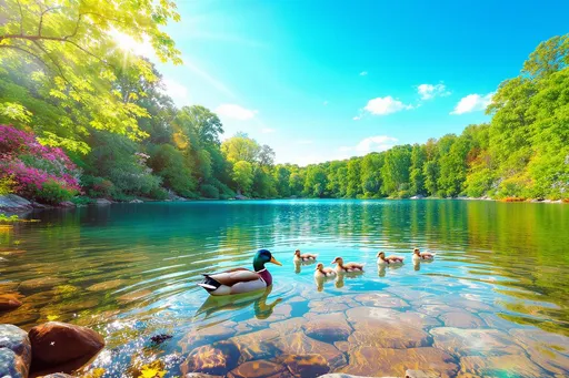 Prompt: A serene lakeside scene unfolds under a clear blue sky, where the gentle sunlight dances on the surface of the shimmering water. Vibrant greens of surrounding foliage create a lush backdrop, while bursts of wildflowers along the banks add splashes of color to the landscape. A small family of mallard ducks glides gracefully through the tranquil lake, their iridescent feathers glinting in hues of emerald and bronze. The mother leads her ducklings, which trail behind her in a perfect line, their tiny bodies bobbing playfully in the rippling water. The overall atmosphere feels fresh and lively, exuding warmth and tranquility, making it perfect for an ad-style presentation. The scene captures the essence of nature in a joyful and vivid manner, ideal for a bright, hyper-realistic illustration.