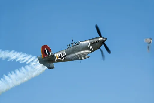 Prompt:  Inverted flight of a Supermarine Spitfire fighter, the iconic WWII aircraft. Defying gravity, its polished silver body gleams in the sunlight as it soars upside down, leaving a trail of white contrails against the clear blue sky. The distinctive sound of its Rolls-Royce Merlin engine roars in your ears, creating an unforgettable scene of power and agility.
