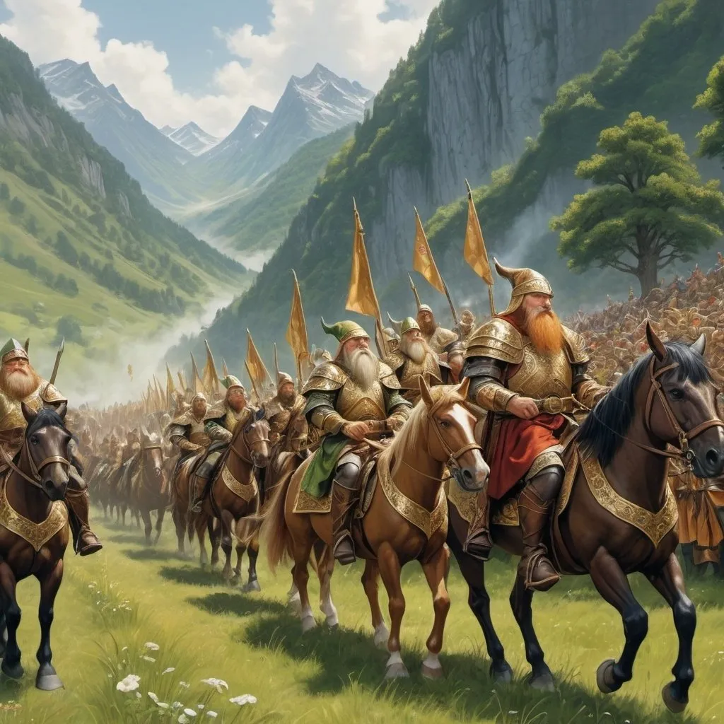 Prompt: Elves with silk robes, gold buckles on the belts of their trousers gathered in a high mountain medow. They are riding fine steeds that have jeweled leather armor protecting their flanks. The rank and file of dwarf infantry are marching past the generals overseeing the parade. 