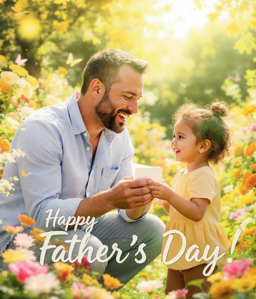 Prompt: A vibrant and cheerful Father's Day card design, featuring a warm color scheme of soft yellows, oranges, and gentle reds. The scene depicts a loving father and child, both smiling joyfully amid a bright, sunlit garden filled with colorful blooms. The father, casually dressed in a light blue shirt, kneels down to enthusiastically receive a hand-crafted card from his beaming child, who gleefully presents it with tiny hands. The background is softly blurred, with hints of playful butterflies fluttering about, and a light breeze suggests a perfect, sunny day. Add festive lettering that reads "Happy Father's Day!" in a playful, hand-drawn font. This design embodies warmth, love, and appreciation, styled in a charming, illustrative manner reminiscent of classic retail advertisements.