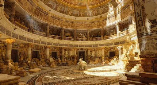 Prompt: The ancient Library of Alexandria, a marvel of the ancient world, brimming with papyrus scrolls. A three-story building, its walls adorned with intricate frescoes of Greek gods and scholars. A gentle breeze stirs, causing rays of sunlight to dance on the mosaic floor. At the center, a reader delves into a scroll, lost in the wisdom of the ages.