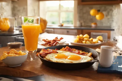Prompt: A table set up for breakfast, beautifully arranged, featuring a large, refreshing glass of orange juice, golden pan-fried potatoes, crispy bacon, and perfectly fried eggs, warm sunlight streaming in, enhancing the inviting ambiance, soft-focus background of a cozy kitchen, high-quality 4K resolution, ultra-detailed, vibrant colors creating a cheerful morning atmosphere.
