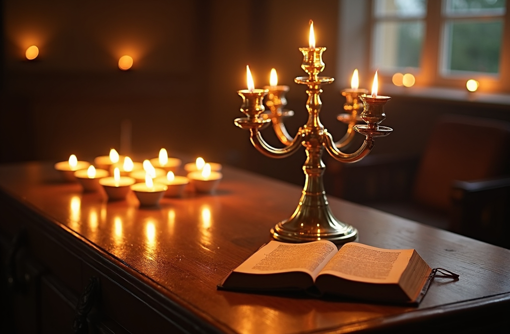 Prompt: Experience the solemn beauty of Yom Kippur 5785. A silver candelabrum gleams, surrounded by flickering candles casting warm, inviting light. A worn, cherished Hebrew prayer book rests nearby. The atmosphere is filled with a sense of reverence and spiritual reflection. May this image serve as a reminder of the importance of atonement, forgiveness, and introspection during this holy day. #YomKippur2024 #YomKippur5785