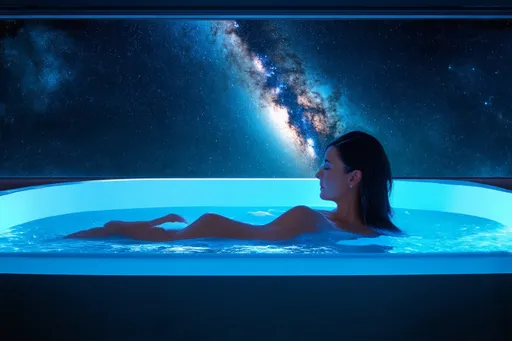 Prompt: (interstellar bathtub), (zero gravity room), picturesque view of the Milky Way, soft blue lights creating a surreal ambiance, a lady astronaut relaxed in a hot bubble bath, gentle bubbles swirling, reflections in the smooth tub surface, ethereal atmosphere, ultra-detailed, high-quality 4K, tranquil and serene vibe, inviting warmth enveloping the space.