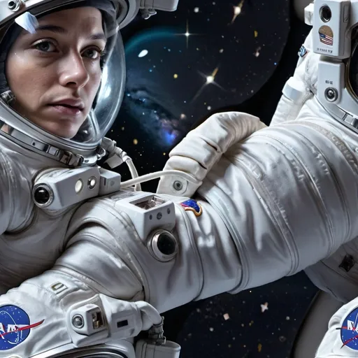 Prompt: (Astronaut in EVA spacesuit), close up of head and shoulders, helmet visor clear revealing (detailed facial features), space background filled with stars, ethereal glow from nearby planets, cool tones, dramatic lighting accentuating features, high definition, ultra-detailed, serene yet adventurous ambiance.