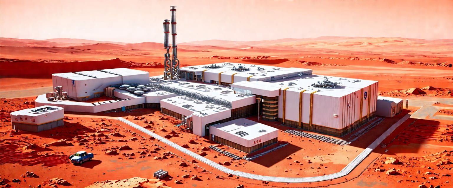 Prompt: Research station on Mars, detailed landscape view, high-tech futuristic 3D rendering, landing field, administration complex, manufacturing facility, Martian terrain, realistic sci-fi, highres, ultra-detailed, futuristic, 3D rendering, martian landscape, high-tech facilities, industrial complex, red and orange tones, Martian atmosphere lighting