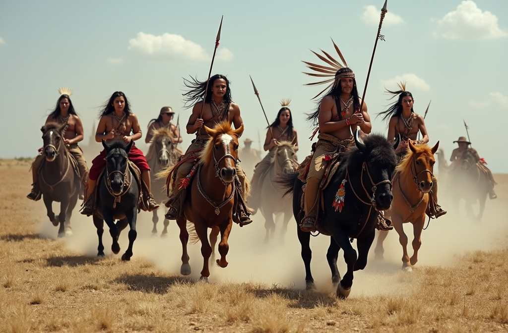 Prompt: Native American Warriors mounted on Bison  attacking the calvary.