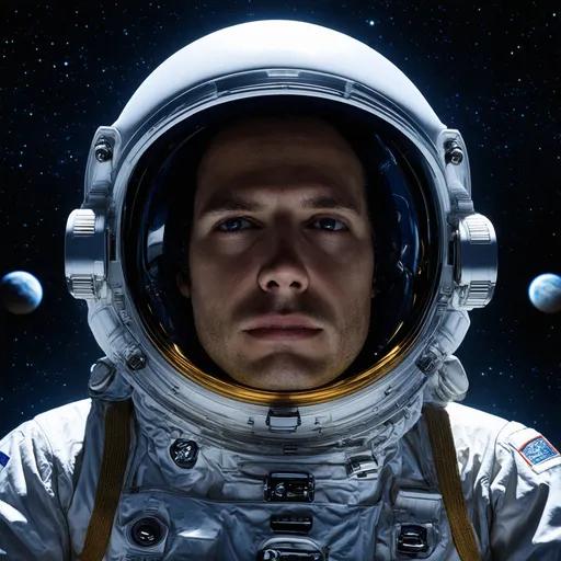 Prompt: (Astronaut in EVA spacesuit), close up of head and shoulders, helmet visor clear revealing (detailed facial features), space background filled with stars, ethereal glow from nearby planets, cool tones, dramatic lighting accentuating features, high definition, ultra-detailed, serene yet adventurous ambiance.