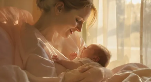 Prompt: In a softly lit room bathed in warm, golden hues, Karen cradles her newborn with tender affection, holding her close as she breastfeeds. The delicate curves of her body are illuminated by the gentle glow of morning light filtering through linen curtains, casting ethereal shadows around them. Surrounding them are soft pastel colors pinks, creams, and muted greens creating a tranquil atmosphere that speaks of love and new beginnings. Karen's expression radiates warmth and serenity, embodying the deep connection between mother and child, while the infant’s tiny fingers grasp gently at her shirt, evoking innocence and trust. This intimate moment is enhanced by the faint sound of birds chirping outside, as if nature itself is celebrating this sacred bond. The scene is photorealistic encapsulating the beauty of motherhood.