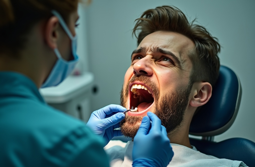 Prompt: (nervous man in dentist's chair), bright overhead light illuminating his open mouth, single tooth with old silver filling, dentist in protective mask, preparing new white filling, tense atmosphere, uneasy expression, gripping armrests tightly, (clinical setting) with antiseptic scent, stark white walls, (highly detailed, photorealistic) representation, vivid contrasts, cinematic lighting, anxiety palpable in the air, (4K texture).