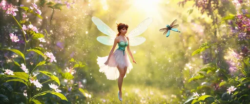 Prompt: Pixie maiden flying, (delicate gossamer dragonfly wings), enchanting garden background, (ethereal atmosphere), softly glowing flowers, warm golden sunlight filtering through leaves, vibrant colors, (whimsical vibe), ultra-detailed, enchanting flora, magical sparkle effects in the air, rich greens and colorful blossoms, dreamlike qualities, (HD)