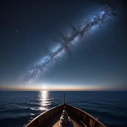 Prompt: Standing on the Fo'c's'le of my ship at midnight on a clear, calm, moonless night. The surface of the sea is smooth as glass. The arch of the Milky Way goes from horizon to horizon. The stars are reflected on the surface of the water. I see stars in every direction I look. It is as if I am in deep space.