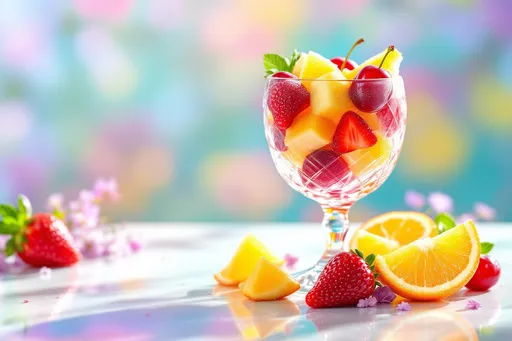 Prompt: fruit cocktail in a crystal goblet, vibrant sliced cherries, juicy sections of oranges, refreshing bits of pineapple, succulent sliced strawberries, glistening with orange juice, high contrast colors, bright and colorful ambiance, perfect summer treat, glossy surface reflections, artistic lighting for a fresh feel, ultra-detailed, HD quality presentation, appetizing and inviting, delightful arrangement of fruits, cool summer vibes, mouthwatering appeal.