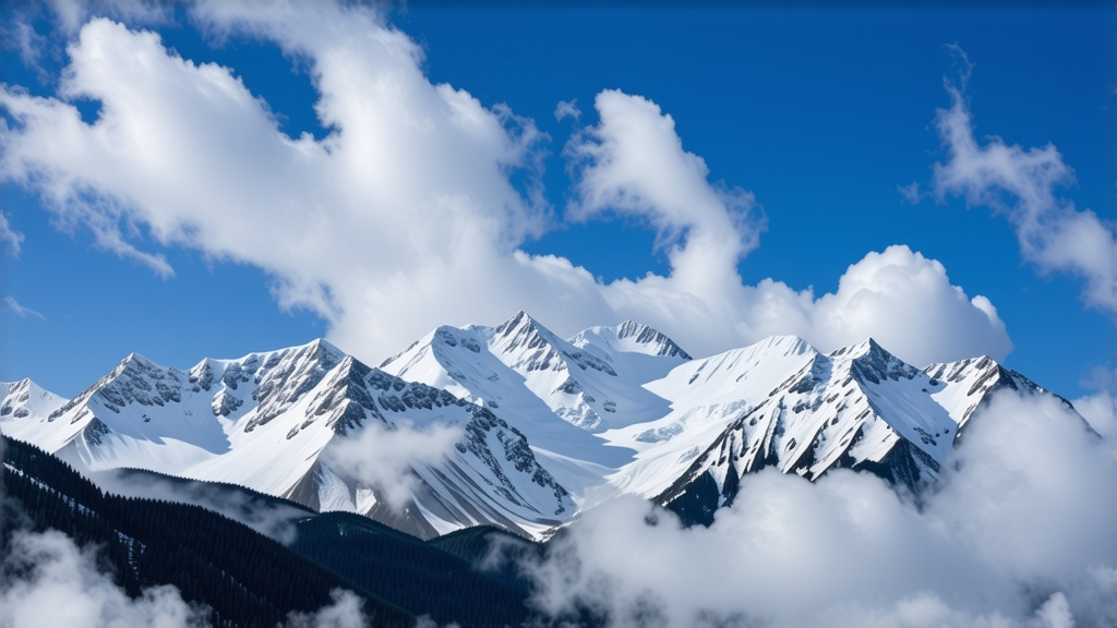 Prompt: Mountain sky slope, (vivid blue) sky, (fluffy white) clouds, breathtaking avalanche of snow cascading down, (majestic mountains) in the background, (dynamic movement) of snow, (dramatic lighting) illuminating the scene, (ultra-detailed) landscape, capturing the exhilarating beauty and the raw power of nature, (serene atmosphere) with an awe-inspiring view.