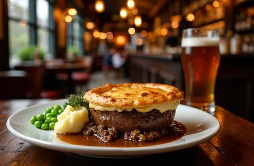 Prompt: A cozy evening in an authentic English pub, adorned with dark wood paneling and dimly lit by hanging brass lamps. A hearty steak and kidney pie takes center stage, its golden crust glistening with juices, flanked by creamy mashed potatoes and buttery peas. Savor the aroma of rich gravy and tender meat, as patrons enjoy their pints in this classic British scene.