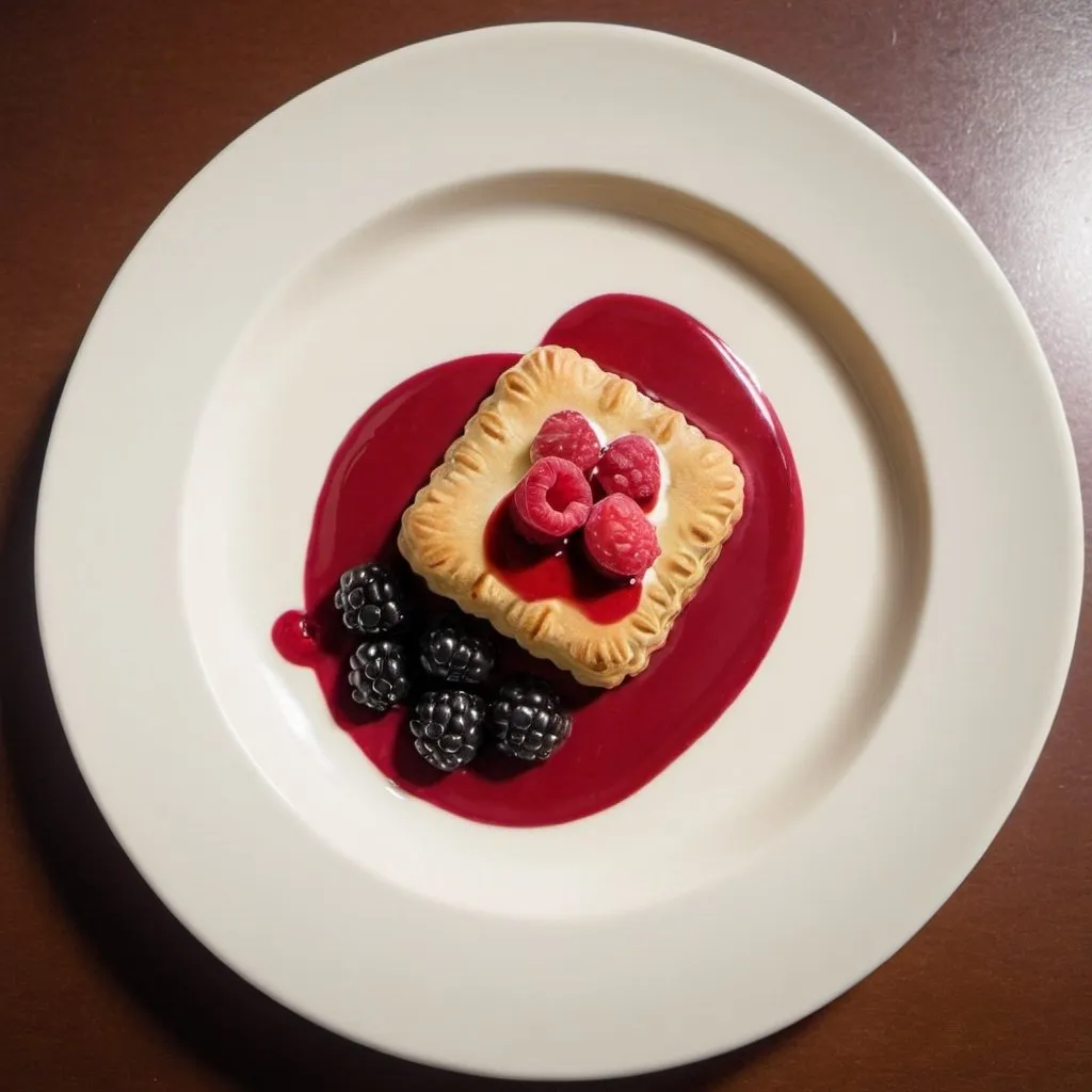 Prompt: Joconde biscuit, berries coulis, vanilla cream with fresh raspberries