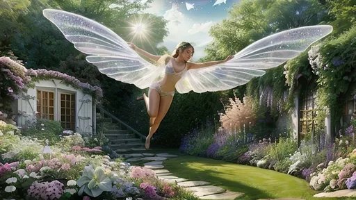 Prompt: (pixie flying above her garden), (magic dust flowing from her wand), her bare body sparkling with magic (gossamer wings extended), ethereal atmosphere, tranquil ambiance, vibrant, lush greenery in the background, colorful flowers blooming, soft sparkle effect in the air, warm, radiant sunlight filtering through, high resolution, ultra-detailed visuals, enchanting magical realism, whimsical charm.