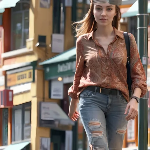 Prompt: Tall young woman (walking down a bustling high street), intricate and detailed clothing, (realistic approach), immersed in natural lighting, ambiance of a lively urban environment, vibrant storefronts flanking the scene, capturing the essence of everyday life, (4K), sharp focus, high attention to detail, evoking a sense of exploration and engagement with the surroundings.