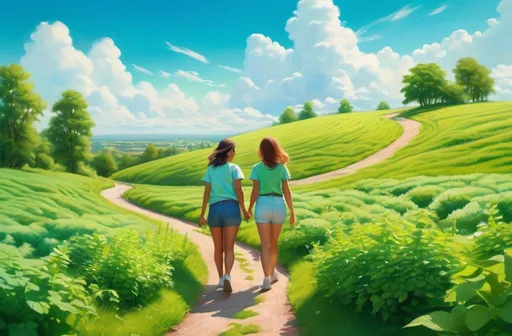 Prompt: vibrant field of lush green mint, bright blue sky above, two friends walking along a winding path, warm sunlight illuminating the scene, joyous and cheerful ambiance, fluffy white clouds drifting lazily, ultra-detailed, inspiring sense of friendship and nature, harmonious connection with the environment, serene and picturesque landscape