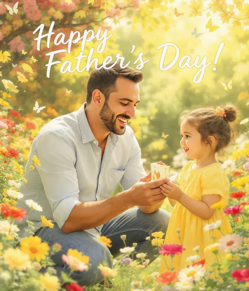 Prompt: A vibrant and cheerful Father's Day card design, featuring a warm color scheme of soft yellows, oranges, and gentle reds. The scene depicts a loving father and child, both smiling joyfully amid a bright, sunlit garden filled with colorful blooms. The father, casually dressed in a light blue shirt, kneels down to enthusiastically receive a hand-crafted card from his beaming child, who gleefully presents it with tiny hands. The background is softly blurred, with hints of playful butterflies fluttering about, and a light breeze suggests a perfect, sunny day. Add festive lettering that reads "Happy Father's Day!" in a playful, hand-drawn font. This design embodies warmth, love, and appreciation, styled in a charming, illustrative manner reminiscent of classic retail advertisements.