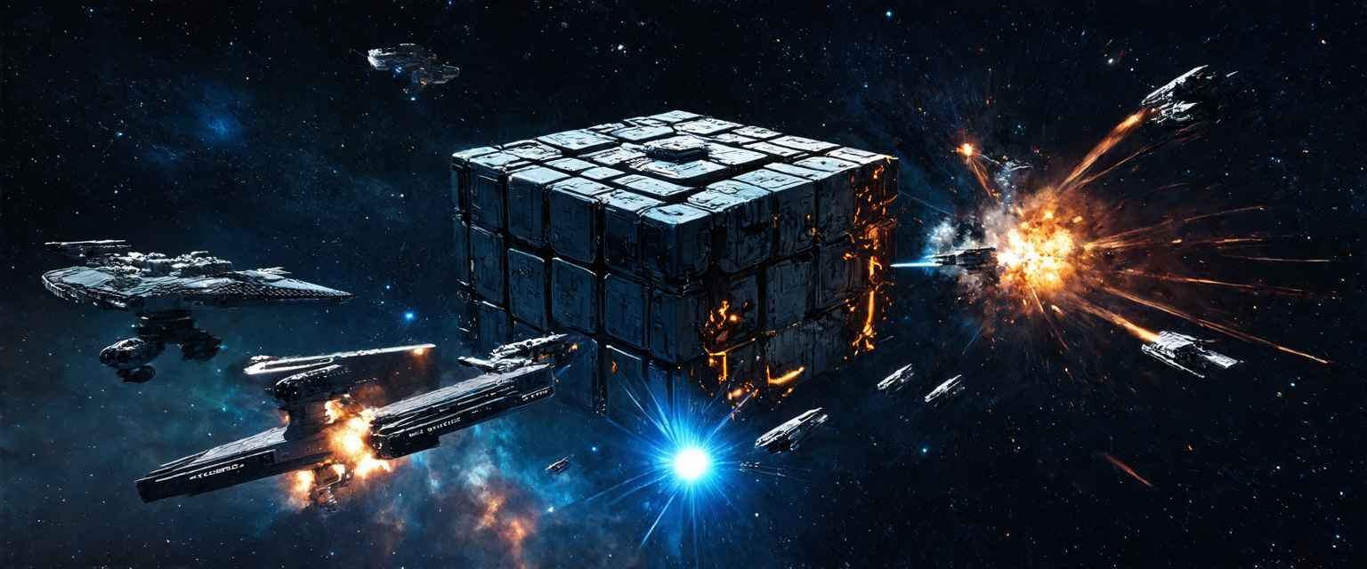 Prompt: (Borg cube), intense battle in the Delta Quadrant, (space background with stars), dramatic and vivid colors, (Star Fleet vessels dodging and firing), high-paced tension, shining beams of light, dark void of space, (explosions and damage on the cube), ultra-detailed, high impact scene, (sense of urgency and desperation), cinematic ambiance, futuristic technology.