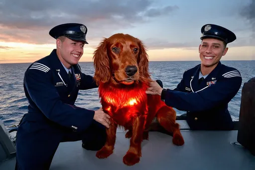 Prompt: Aboard the USS O'Brien DD 725, crew member interacting with Lucky Thenderin O'Brien Odell, the ship's Irish Setter mascot, glowing vibrant red coat, friendly expression, sailors smiling around him, intense navy combat aesthetic, dramatic ocean backdrop, warm sunset lighting, high detail fur texture, capturing a moment of camaraderie and hope during combat patrols, photorealistic, 4K ultra-detailed image.