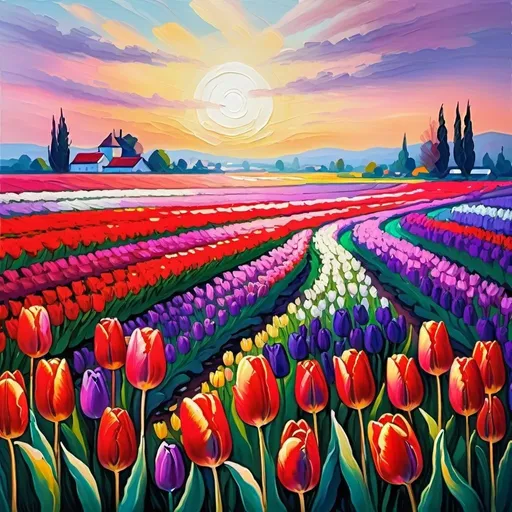 Prompt: Tulip fields in Monet style, impressionist oil painting, vibrant red and purple, soft brush strokes, peaceful countryside, blooming flowers, high quality, impressionist, vibrant colors, soft lighting